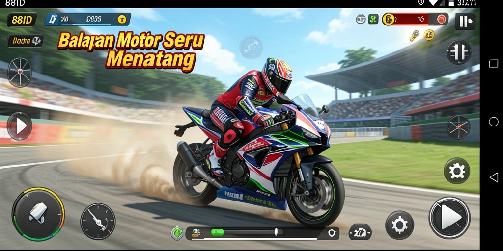 Tampilan gameplay menegangkan dalam 88ID dengan aksi balapan motor.