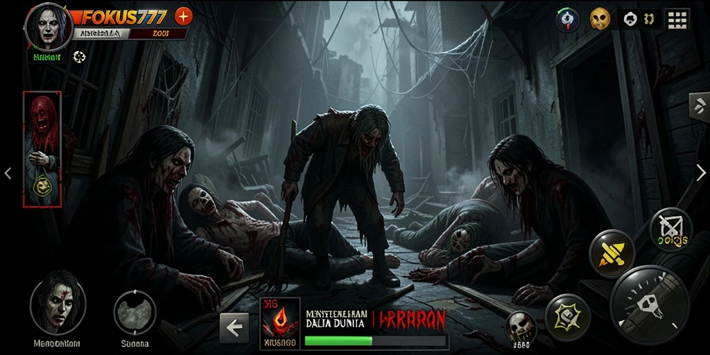 Tampilan gameplay menakutkan dari FOKUS777 di dalam kegelapan.