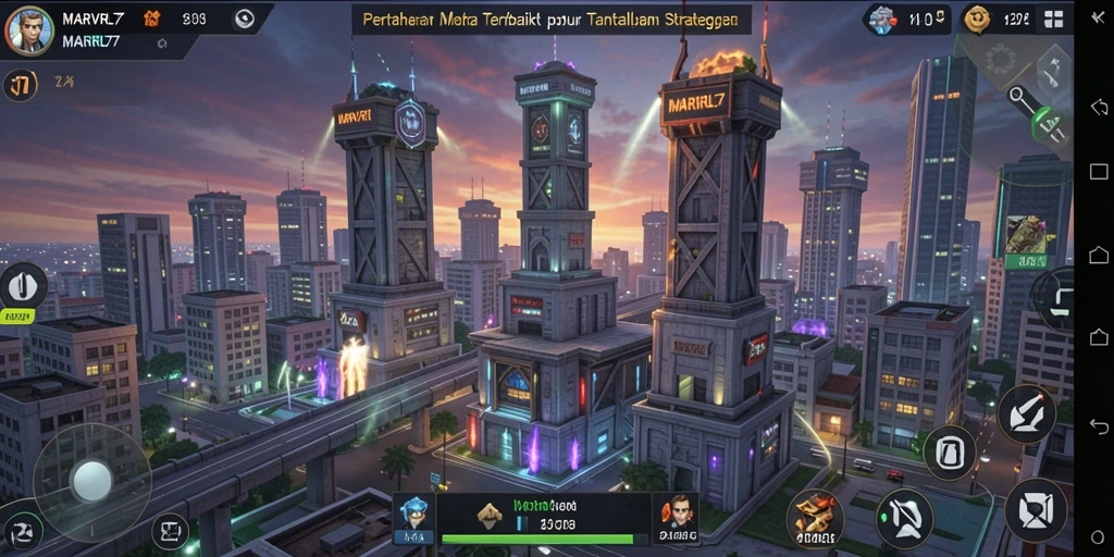 Screenshot gameplay <strong>MARVRL77</strong> menampilkan menara bertahan melawan gelombang musuh.